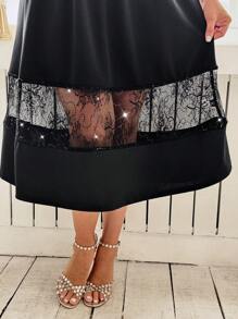 SHEIN Clasi Curve Plus Size 女式亮片拼接露肩下摆拼接亮片蕾丝长裙、小黑裙、飘逸连衣裙、鸡尾酒会礼服女 - 黑色 - 查看 17