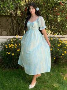 DAZY Đầm maxi tay phồng in hoa cổ tàu dành cho nữ cỡ lớn - Màu xanh lam - Xem 9