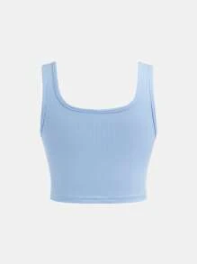 2pcs/Set Tween Girl Slim Fit Casual Round Neck Tank Top And Cycling Shorts Outfit - Baby Blue - View 11