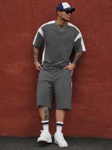 DAZY Conjunto de 2 piezas de camiseta de manga corta y pantalones cortos con estampado de letras y bloques de color para hombre en verano