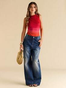 SHEIN BAE Body sin mangas con estampado degradado plisado y asimétrico para mujer, body de verano