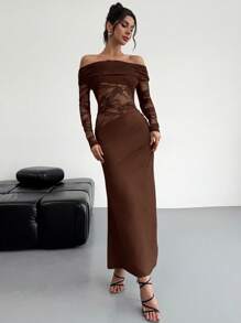 Firerie Women Elegant Sexy Minimalist Fashion Alluring Valentines Party Date Off Shoulder Textured Mesh Sheer Pintuck Low Waist Form-Fitting Red Long Sleeve Dress