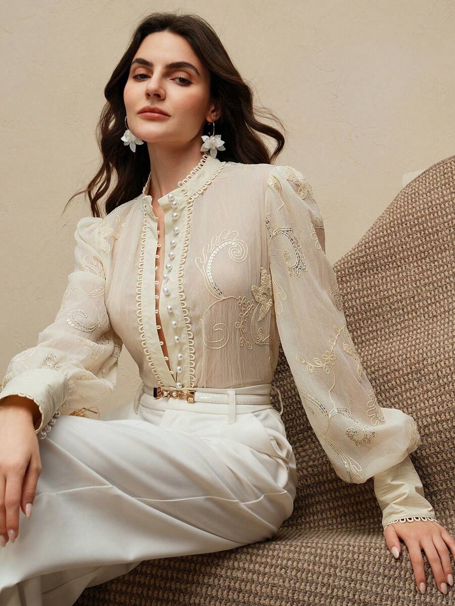 Anewsta New Puff Sleeve Shirt With Floral Lace Trim, Comfortable Versatile Casual Blouse, Spring/Summer - Apricot - View 1