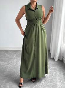 Elenzga Plus Size Women's Spring/Summer French Style Sophisticated Elegant Minimalist High-End Commuting Office Casual Vacation Afternoon Tea Solid Color Shirt Collar Open Front Button Closure Waist Crossed Tie 2 In 1 Sleeveless Shirt Dress Mid-Length Maxi Dress