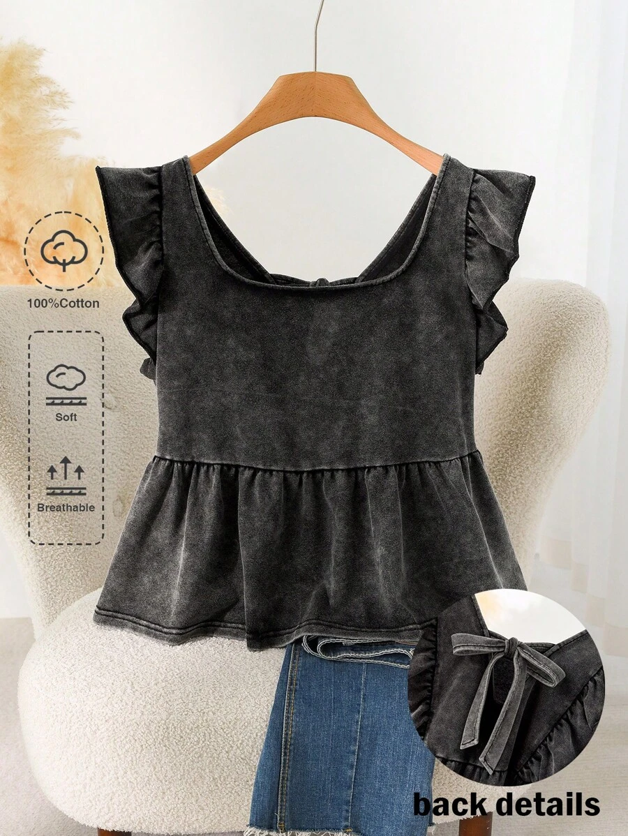 CosyJoli 女士休闲度假T恤，春夏修身荷叶边下摆T恤，雪花印花T恤，黑色后背蝴蝶结T恤，方领T恤 - 黑色 - 查看 1