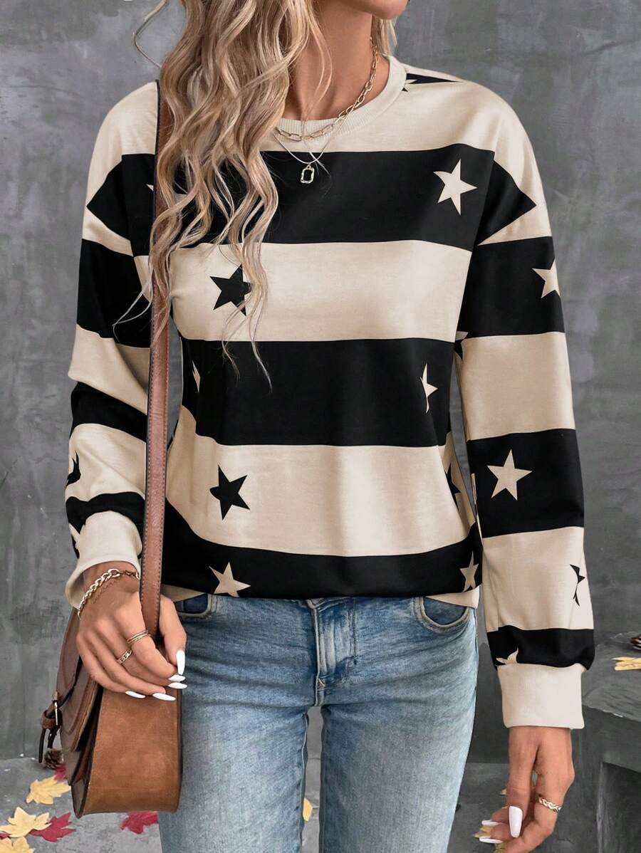 SHEIN LUNE Women Contrast Color Five-Pointed Star Print Crew Neck Long Sleeve Sweatshirt,Graduation,Teacher,Back To School Pullover Fall - Multicolor - View 1
