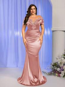 SHEIN Belle Dusty Pink,Spring,Elegant,Formal,Evening,Prom Plus Size Embroidered Lace Applique Sheer Long Sleeve Off Shoulder Stretch Satin Mermaid Maxi Dress - Dusty Pink - View 1