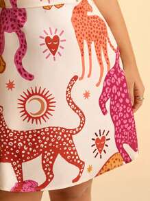 CAJUNI Vestido casual mini para mujer talla grande, de estilo Bohemio tropical con bloque de color y estampado animal