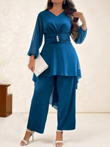 SHEIN Clasi Bộ 2 món cỡ lớn, trang trí đá giả màu trơn tay áo đèn lồng cao thấp & quần ống rộng cho nữ cỡ lớn, váy trang trọng cho nữ - Màu xanh hải quân - Xem 3