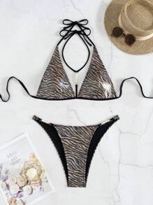 Swim SXY 2pcs Set European Style Women Sexy Textured Fabric Spaghetti Strap Backless Triangle Bikini Swimwear Set For Summer Beach Vacation