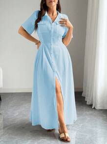 Elenzga Vestido camisero de talla grande con manga corta, cuello y abotonadura sencilla hasta la mitad del muslo, en estilo francés. Vestidos de verano elegantes para mujeres, vestidos de trabajo y cumpleaños, ropa de verano para mujeres - Azul - Ver 1