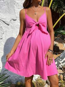 SHEIN 孕妇休闲蝴蝶结吊带无袖中长连衣裙