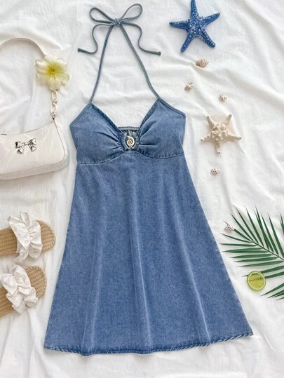 Soleia 女式纯色简约休闲挂脖牛仔连衣裙