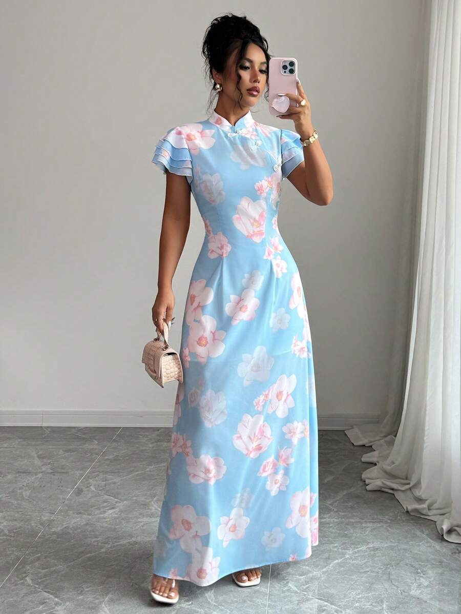 Elenzga Robe imprimée en mousseline asymétrique à col volant avec boutons à la taille et coupe évasée. Élégante, romantique et adaptée à la vie quotidienne et aux vacances. - Bleu ciel - Voir 1