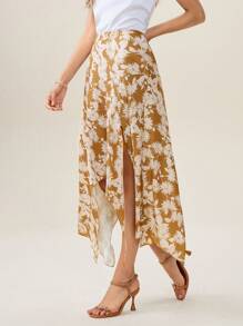 SHEIN Unity Women's Asymmetric Hem Floral Print Skirt, Bohemian Style For Summer Holiday Fall Cloth For Women - Camel - View 3