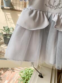 Baby Girl Round Neck Puff Sleeve Princess Style Mesh Dress - Grey - View 7