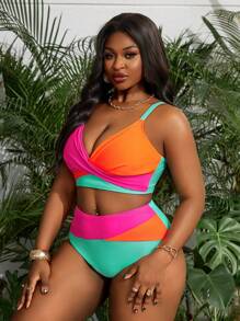 Slaydiva 2 piezas Conjunto de traje de baño de mujer talla grande con top de escote en V a contraste y Bottom de natación de cintura alta con parche, para playa y vacaciones de verano - Multicolor - Ver 4