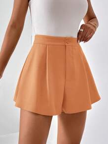 SHEIN Essnce Solid Color Pleated Pocket Shorts, Elegant & Fashionable For Summer,High Waisted Shorts - Orange - View 3