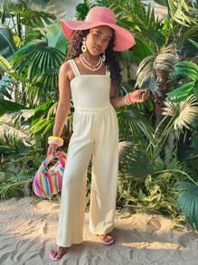 Tween Girl Solid Crop Cami Top & Wide Leg Pants Two Pieces Set,Mommy And Me Matching Outfits(2 Sets Are Sold Separately) - White - View 5