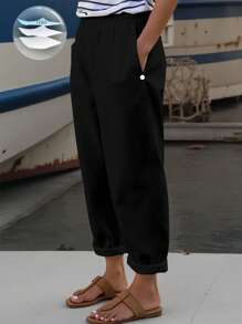 SHEIN PETITE 大码女式优雅法式褶皱常规版型白色裤子，带口袋，新款夏季休闲松紧腰褶皱长裤