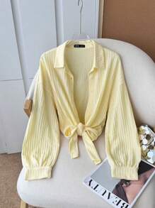 SHEIN LUNE Camisa de manga larga con textura de encaje y unicolor casual para mujer, adecuada para vacaciones, uso diario, protección solar, verano, aeropuerto, vacaciones de verano, playa, salidas, tops de verano lindos, festivales, color amarillo mantequilla, tops para salir - Amarillo - Ver 6