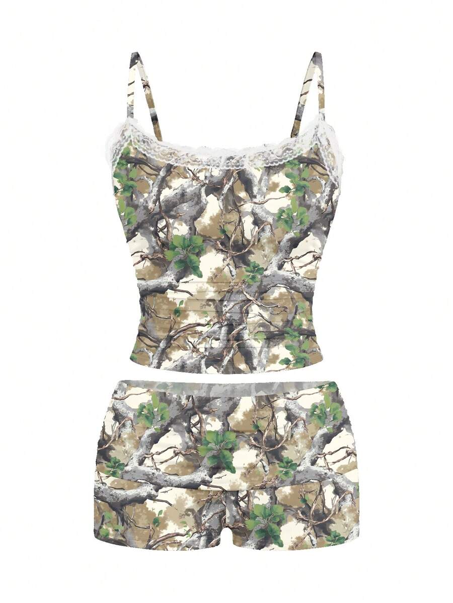 BiGraphic Women 2pcs/Set Casual Camo & Dried Leaf Lace Patchwork Outfit, Suitable For Summer, Vacation, Party, Music Festival - Multicolor - View 1
