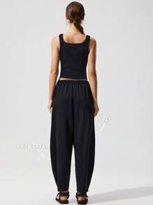 Menodora SHEIN Sport Quần mùa hè màu trơn cho nữ - màu đen - Xem 3