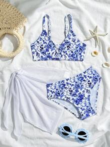 SHEIN Set di 3 pezzi di costume da bagno tankini a fiori minuti per giovani ragazze, con parte superiore, slip bikini e pareo, outfit casual da spiaggia