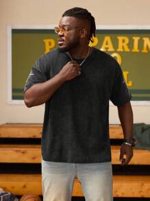 EASEVO Plus Size Men Street Fashion Loose Knit Patch Embroidered Black T-Shirt - Black - View 3