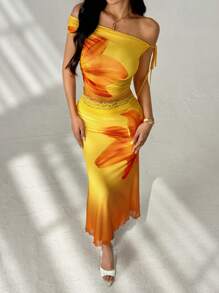 SHEIN PETITE 2 件套扎染花朵针织网眼短款上衣和美人鱼长裙，女士夏季度假装，适合日常穿着 - 彩色 - 查看 8