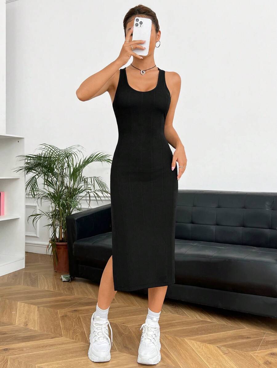 SHEIN EZwear Đầm Tách cao màu trơn Giải trí - màu đen - Xem 1