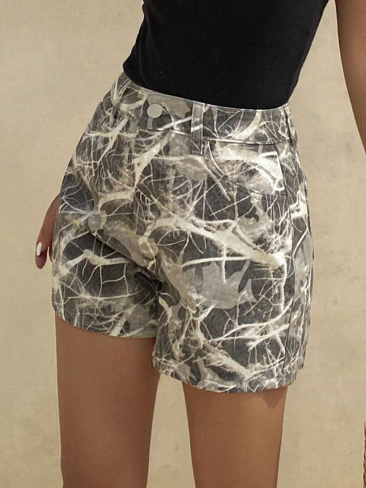 Women's Casual Bark Texture Print Denim Shorts, Street Style For Summer Jorts