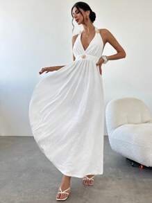 Firerie 新款女式优雅露背系带金属装饰贝壳提花针织露背连衣裙，海滩度假装