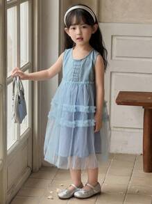 DAZY Young Girl' Round Neck Mesh Patchwork Sleeveless Denim Dress, Fresh Summer Style