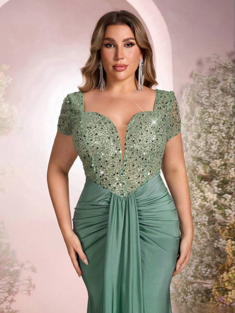 Falda de estilo sirena elástica y fruncida con parches de cuentas y lentejuelas elegante, lujosa y transparente en verde claro, adecuada para boda, fiesta, cóctel y ocasiones formales (diseño con mucho bordado) - Verde - Añade 2