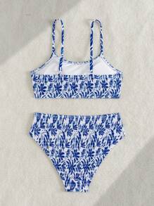 Tween Girls Blue Floral Print Spaghetti Strap Fashion Bikini Swimwear Set - Blue - View 2