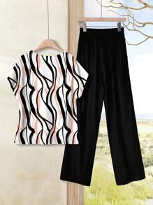 Rusticease 2件套女士几何线条修身百搭上衣和裤子，春夏适合外出休闲穿着 - 彩色 - 查看 2