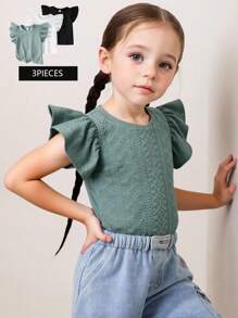 SHEIN 3pcs Set Young Girls' Solid Color Round Neck Ruffle Hem Fitted T-Shirts, School, Campus, College