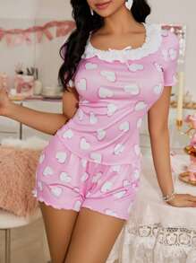 SHEIN 女士心形荷叶边短袖上衣和短裤睡衣套装 - 彩色 - 查看 3