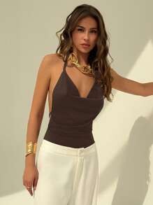 Aloruh 女式低胸金属细节吊带紧身衣，露背性感优雅修身款 - 棕色 - 查看 4