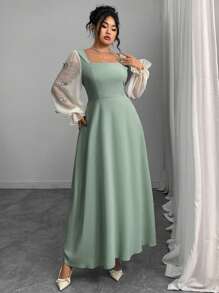 Modelyn 大码女式蝴蝶结拼色方领连衣裙 - 綠色 - 查看 3