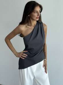 Aloruh Áo blouse cổ bất đối xứng màu xám tối giản có khóa kéo cho nữ khi đi làm/đi chơi - Màu xám đen - Xem 1