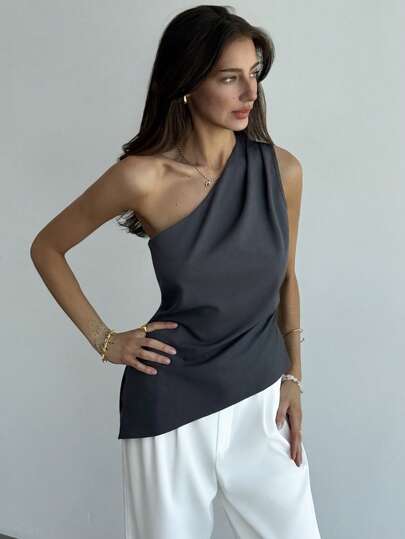 Aloruh 简约灰色褶皱拉链开口女式不对称领口衬衫上衣，适合办公室/通勤