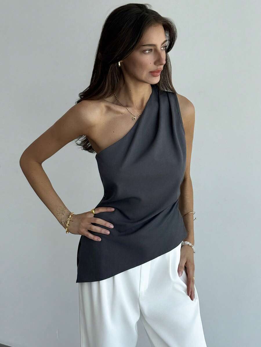 Aloruh Áo blouse cổ bất đối xứng màu xám tối giản có khóa kéo cho nữ khi đi làm/đi chơi - Màu xám đen - Xem 1