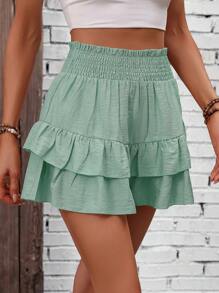 SHEIN Tall Women's Summer Vacation Style Solid Color Drawstring High Waist Double Ruffle Culottes - Mint Green - View 6