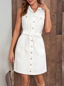 Selenza Vestido camisero mezclilla con diseño de solapa con cinturón