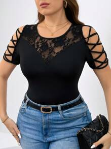 Chikora Plus Size T-Shirt With Lace Patchwork & Hollow Design, Casual & Elegant, Summer Outfits For Women