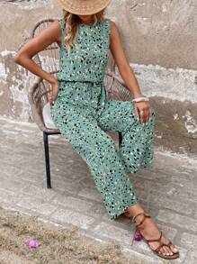 SHEIN LUNE 女式夏季度假风格全身印花打结腰部宽松阔腿连体裤 - 綠色 - 查看 5
