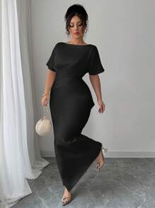 Elenzga Plus Size Women's Black Summer Elegant Formal Evening Dress,Satin French Style Luxurious V-Neck Wrap Waist Fishtail Hem Long Dress For Office,Party - Black - View 4