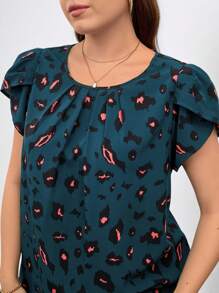 Reflora 春季女士加大码优雅豹纹绿色纽扣衬衫，百搭日常穿着 - 彩色 - 查看 5